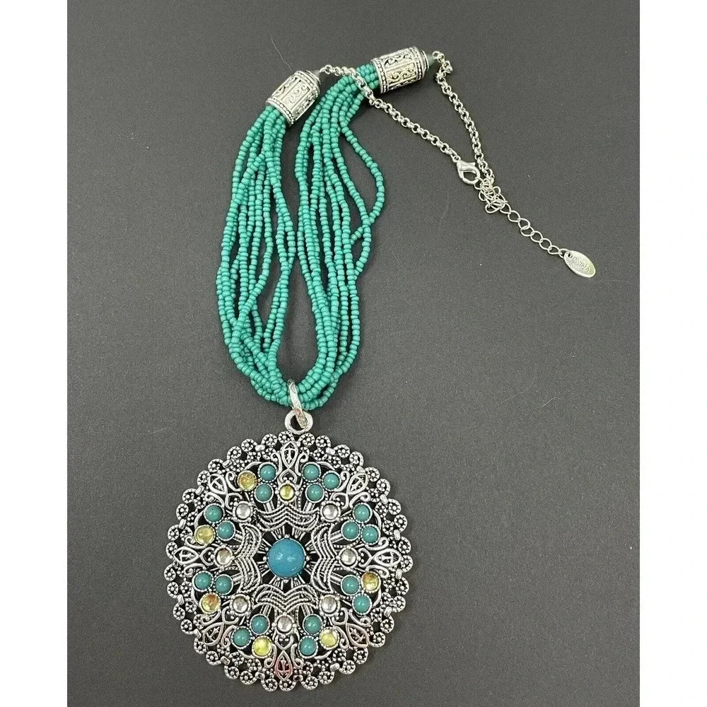 Large Pendant Necklace Costume Turquoise and Silver Colored Hot In Hollywood HSN